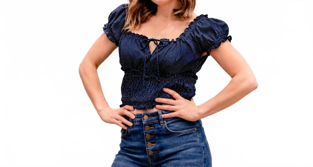 NEW BUTTERMELON polka dot ruched drawstring crop top in navy multi
